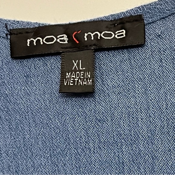 Moa Moa 3/4 raglan bell sleeve plisse crop top back hem tie chambray blue sz XL - Picture 4 of 6